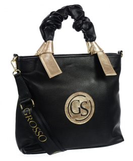 Větší moderní černo-zlatá dámská kabelka s ozdobnými ručkami S681 GROSSO